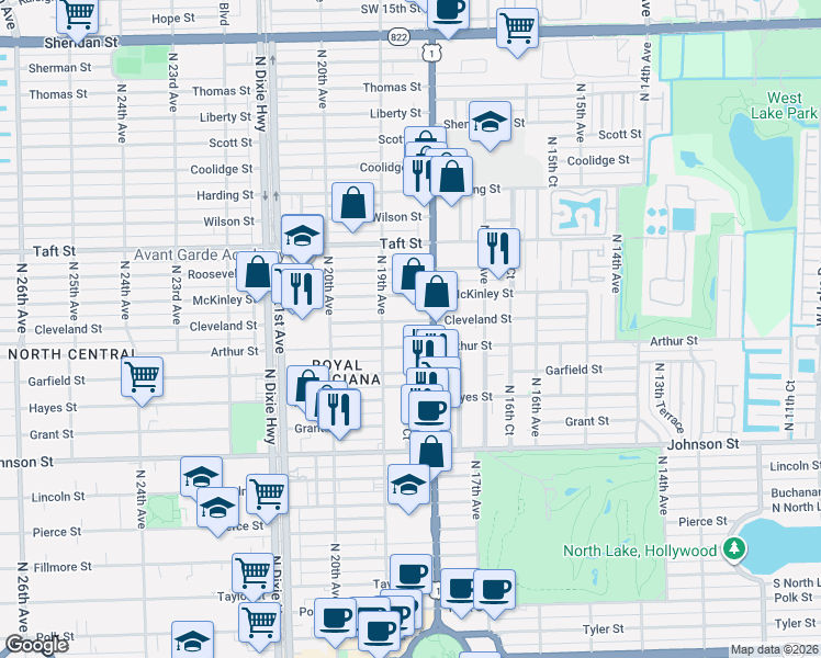 map of restaurants, bars, coffee shops, grocery stores, and more near 1804 Cleveland Street in Hollywood