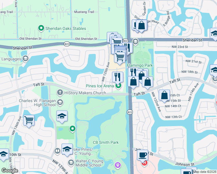 map of restaurants, bars, coffee shops, grocery stores, and more near 1752 Northwest 124th Place in Pembroke Pines