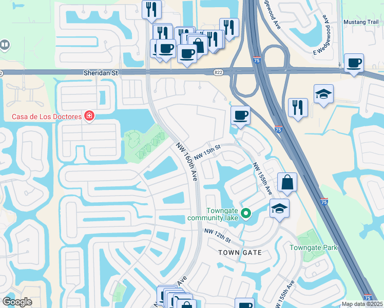 map of restaurants, bars, coffee shops, grocery stores, and more near 1503 Northwest 159th Lane in Pembroke Pines