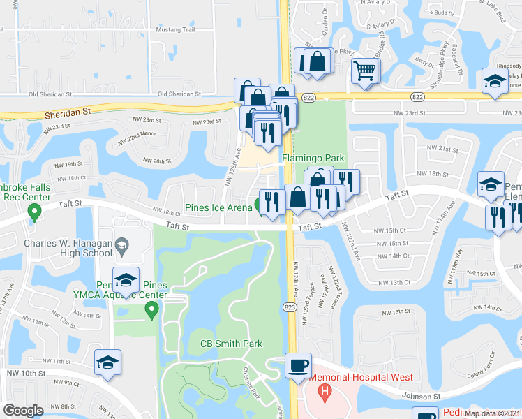 map of restaurants, bars, coffee shops, grocery stores, and more near 12425 Taft Street in Pembroke Pines
