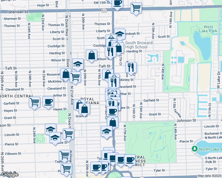 map of restaurants, bars, coffee shops, grocery stores, and more near 1804 Cleveland Street in Hollywood