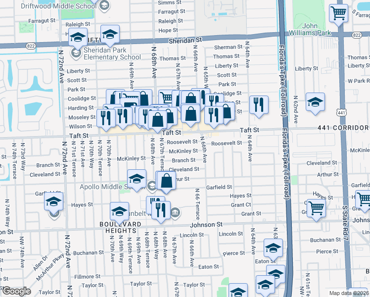 map of restaurants, bars, coffee shops, grocery stores, and more near 6650 Roosevelt Street in Hollywood
