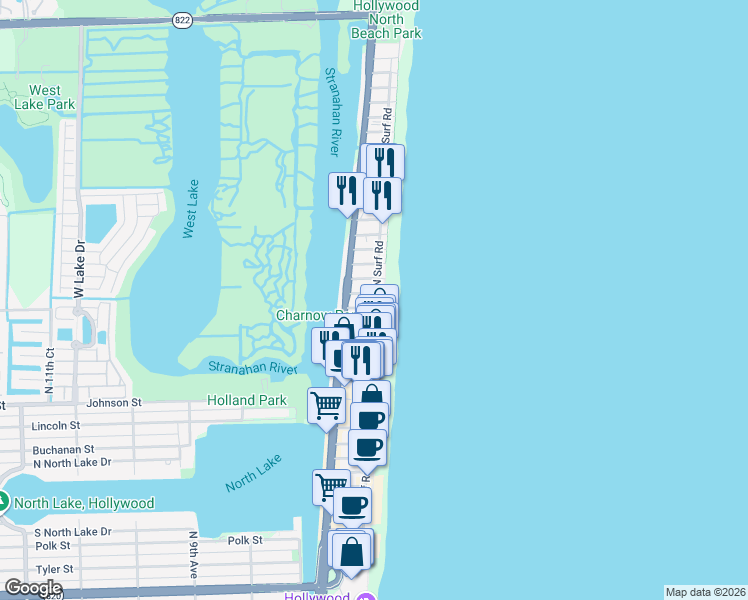 map of restaurants, bars, coffee shops, grocery stores, and more near 1815 North Surf Road in Hollywood