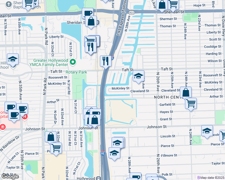 map of restaurants, bars, coffee shops, grocery stores, and more near 2903 McKinley Street in Hollywood