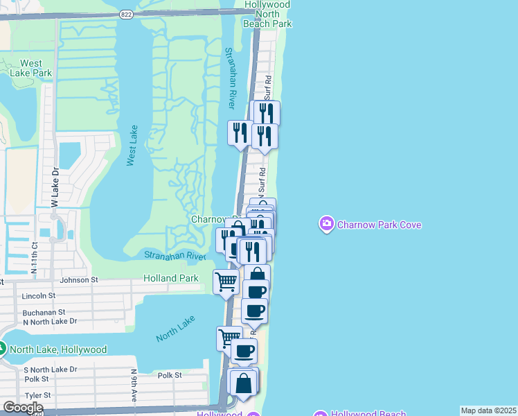 map of restaurants, bars, coffee shops, grocery stores, and more near 1815 North Surf Road in Hollywood