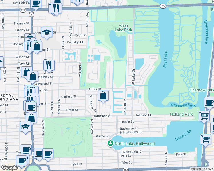 map of restaurants, bars, coffee shops, grocery stores, and more near 1351 North 12th Court in Hollywood
