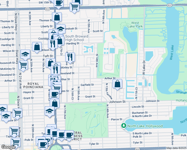 map of restaurants, bars, coffee shops, grocery stores, and more near 1425 Arthur Street in Hollywood