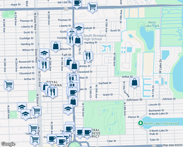 map of restaurants, bars, coffee shops, grocery stores, and more near 1628 Cleveland Street in Hollywood