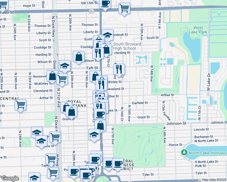 map of restaurants, bars, coffee shops, grocery stores, and more near 1723 Cleveland Street in Hollywood