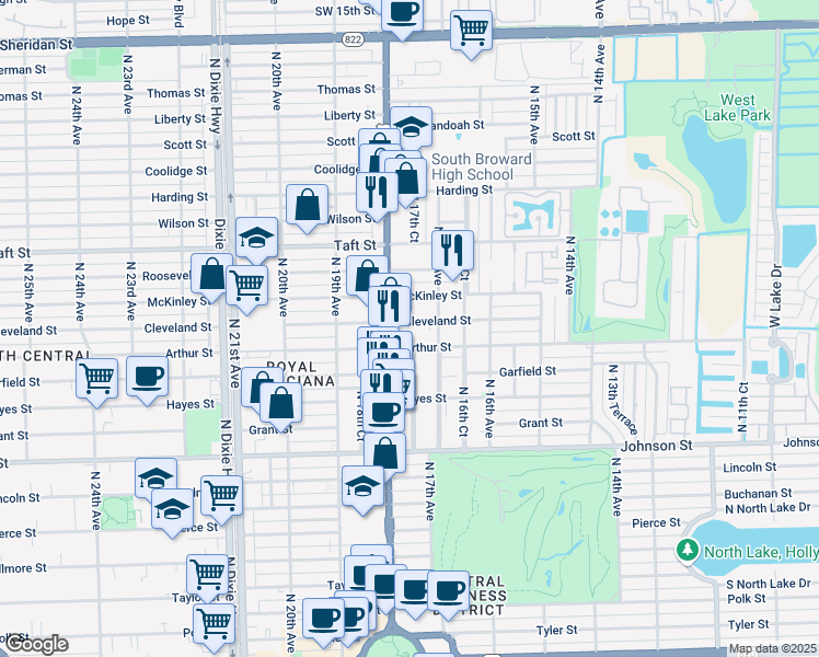 map of restaurants, bars, coffee shops, grocery stores, and more near 1723 Cleveland Street in Hollywood