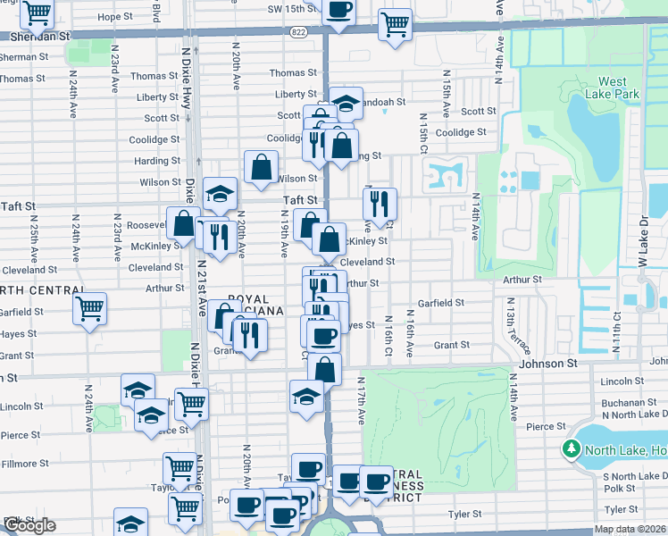 map of restaurants, bars, coffee shops, grocery stores, and more near 1804 Cleveland Street in Hollywood