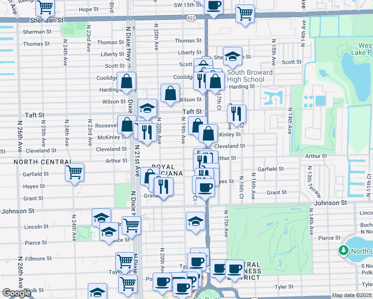 map of restaurants, bars, coffee shops, grocery stores, and more near 1843 Cleveland Street in Hollywood