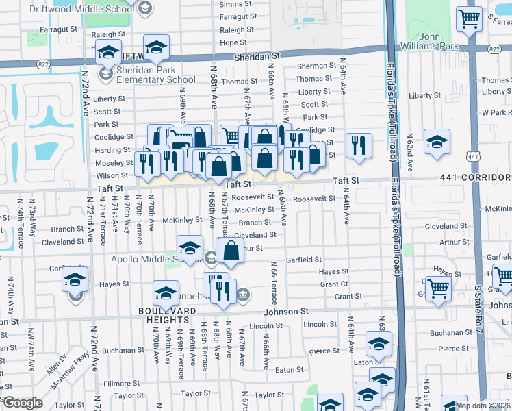 map of restaurants, bars, coffee shops, grocery stores, and more near 6650 Roosevelt Street in Hollywood