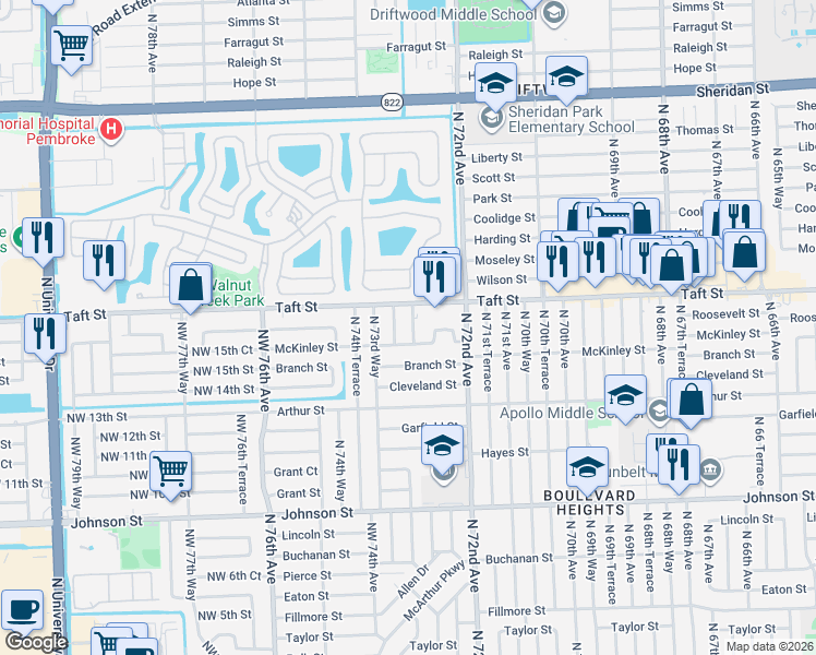 map of restaurants, bars, coffee shops, grocery stores, and more near 1601 Northwest 73rd Terrace in Hollywood
