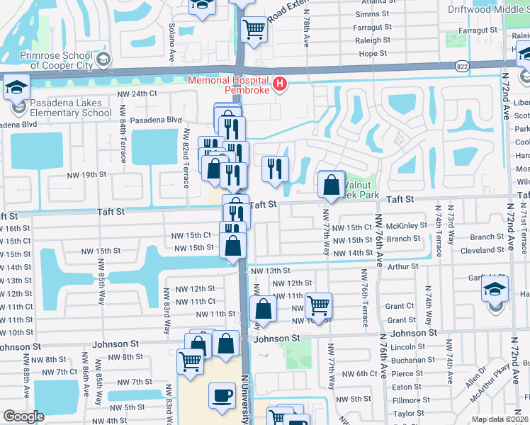 map of restaurants, bars, coffee shops, grocery stores, and more near 7910 Taft Street in Pembroke Pines