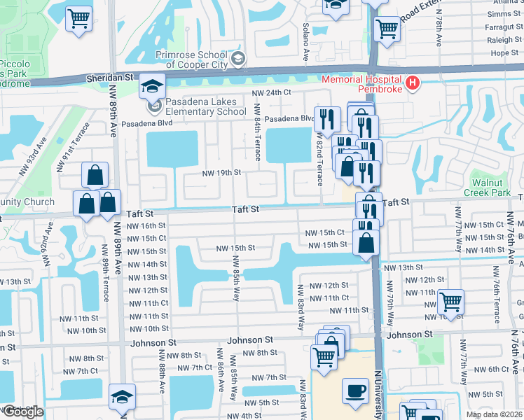 map of restaurants, bars, coffee shops, grocery stores, and more near 8480 Northwest 17th Court in Pembroke Pines