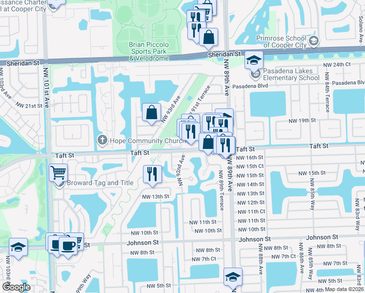 map of restaurants, bars, coffee shops, grocery stores, and more near 9155 Taft Street in Pembroke Pines
