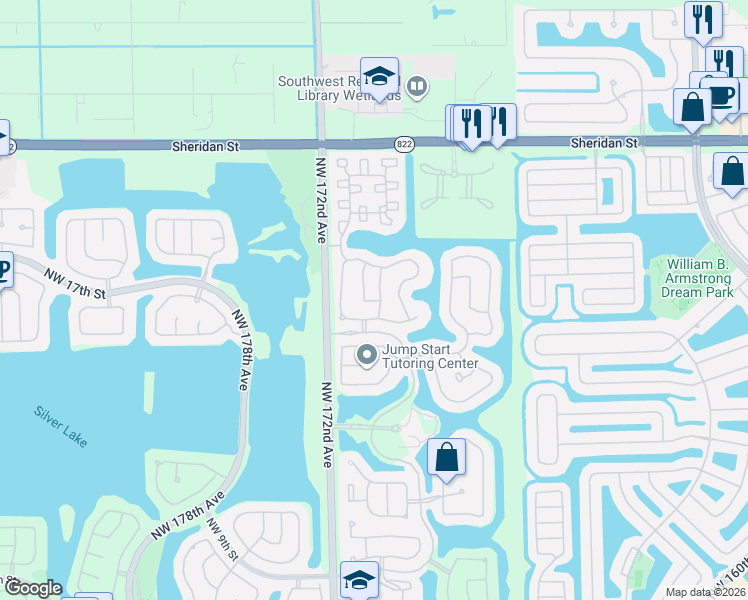 map of restaurants, bars, coffee shops, grocery stores, and more near 17020 Northwest 19th Court in Pembroke Pines