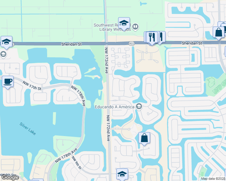 map of restaurants, bars, coffee shops, grocery stores, and more near 1947 Northwest 171st Avenue in Pembroke Pines