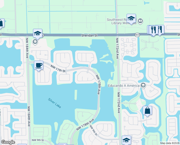 map of restaurants, bars, coffee shops, grocery stores, and more near 17815 Northwest 16th Street in Pembroke Pines