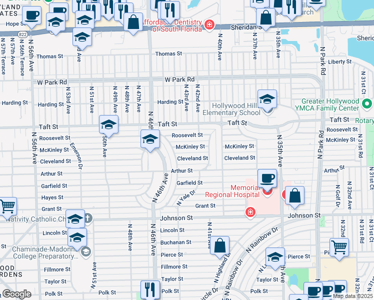 map of restaurants, bars, coffee shops, grocery stores, and more near 4300 McKinley Street in Hollywood
