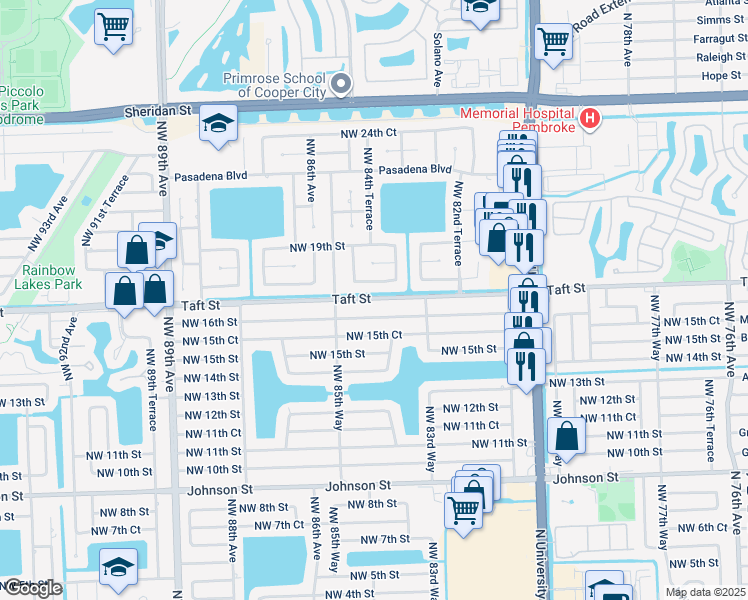 map of restaurants, bars, coffee shops, grocery stores, and more near 8480 Northwest 17th Court in Pembroke Pines