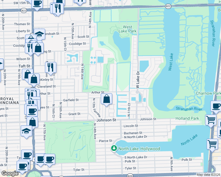 map of restaurants, bars, coffee shops, grocery stores, and more near 1351 North 12th Court in Hollywood