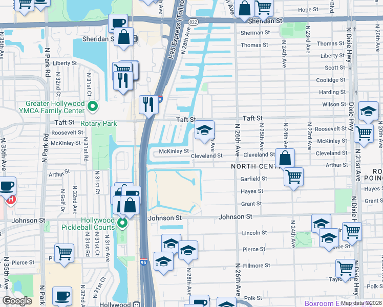 map of restaurants, bars, coffee shops, grocery stores, and more near 2801 Cleveland Street in Hollywood