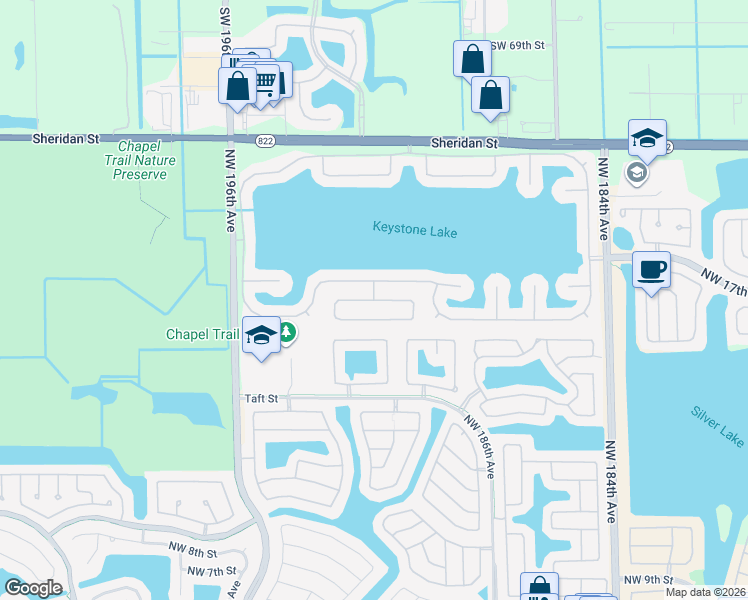 map of restaurants, bars, coffee shops, grocery stores, and more near 2077 Northwest 191st Avenue in Pembroke Pines