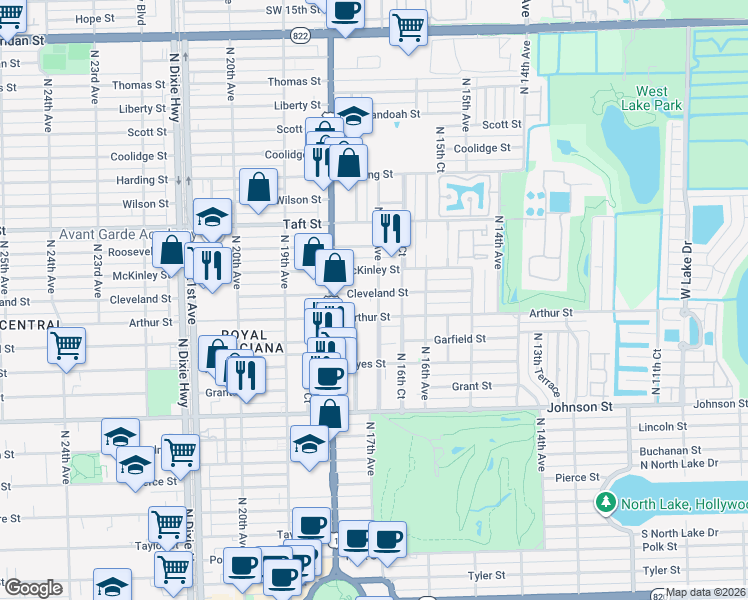map of restaurants, bars, coffee shops, grocery stores, and more near 1700 Cleveland Street in Hollywood