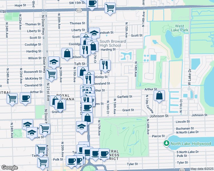 map of restaurants, bars, coffee shops, grocery stores, and more near 1628 Cleveland Street in Hollywood