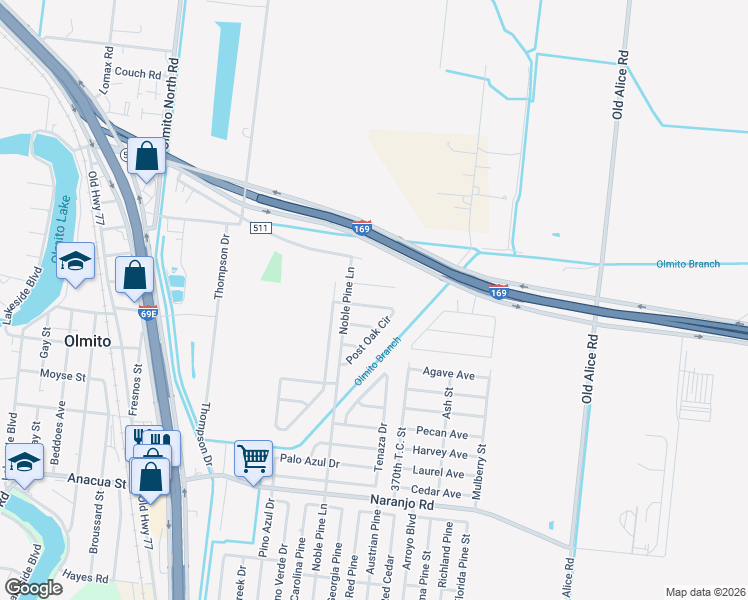 map of restaurants, bars, coffee shops, grocery stores, and more near 7096 Post Oak Circle in Brownsville