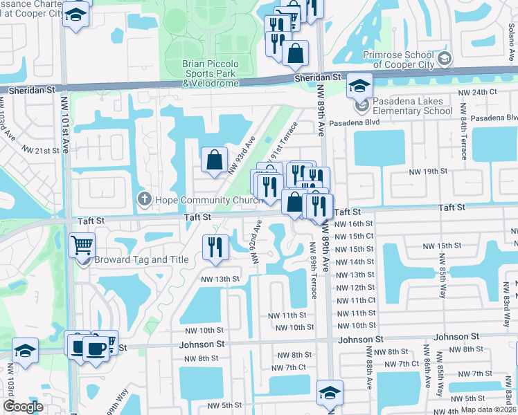 map of restaurants, bars, coffee shops, grocery stores, and more near 9155 Taft Street in Pembroke Pines