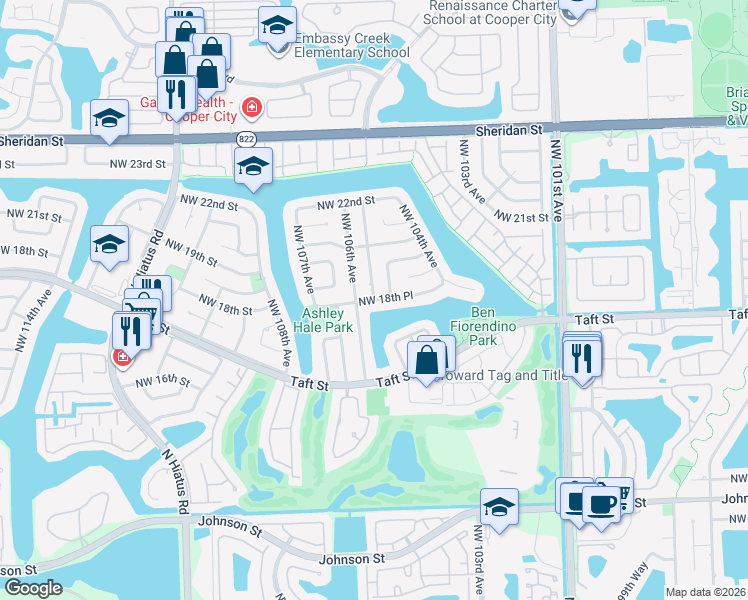 map of restaurants, bars, coffee shops, grocery stores, and more near Northwest 105th Terrace in Pembroke Pines