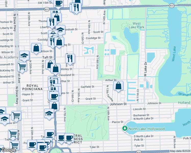 map of restaurants, bars, coffee shops, grocery stores, and more near 1425 Arthur Street in Hollywood