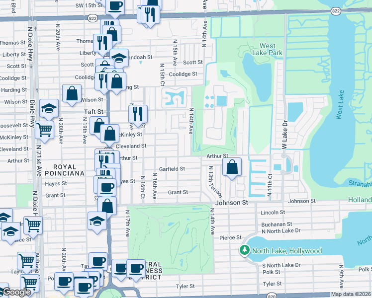 map of restaurants, bars, coffee shops, grocery stores, and more near 1425 Arthur Street in Hollywood