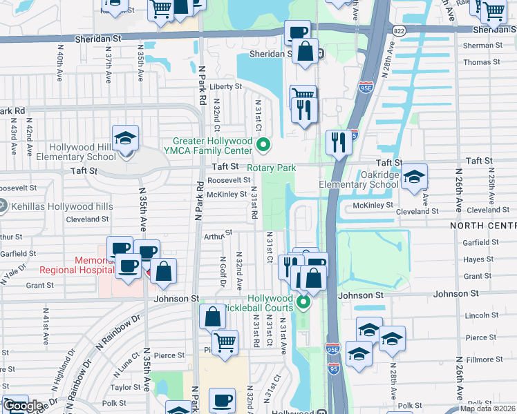map of restaurants, bars, coffee shops, grocery stores, and more near 1331 North 31st Road in Hollywood
