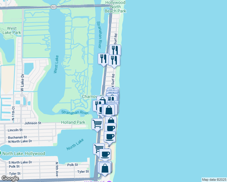map of restaurants, bars, coffee shops, grocery stores, and more near 1815 North Surf Road in Hollywood