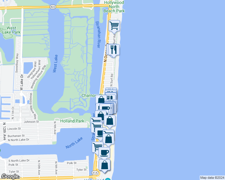 map of restaurants, bars, coffee shops, grocery stores, and more near 1815 North Surf Road in Hollywood