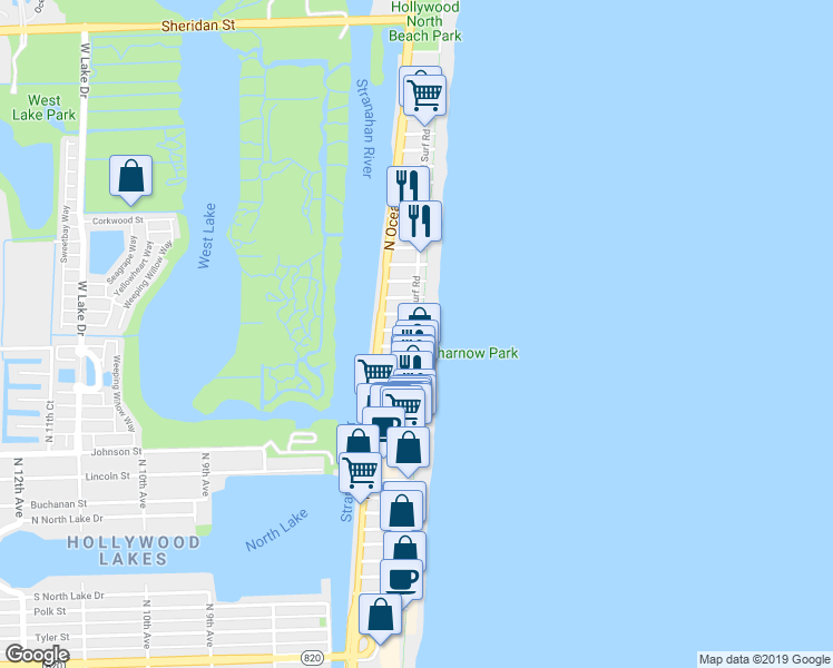 map of restaurants, bars, coffee shops, grocery stores, and more near 1815 North Surf Road in Hollywood