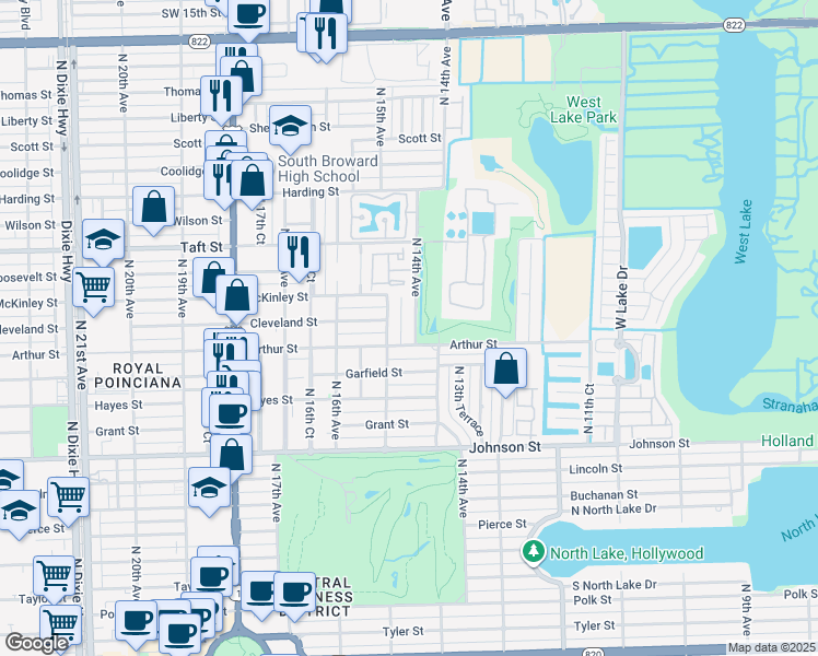 map of restaurants, bars, coffee shops, grocery stores, and more near 1425 Arthur Street in Hollywood
