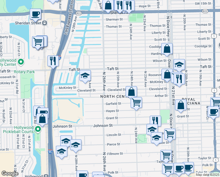 map of restaurants, bars, coffee shops, grocery stores, and more near 2525 Cleveland Street in Hollywood