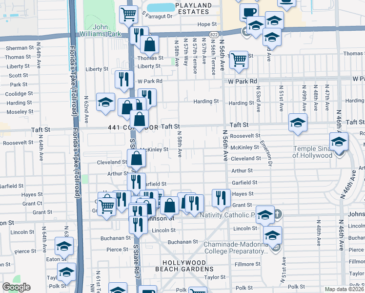 map of restaurants, bars, coffee shops, grocery stores, and more near 5739 McKinley Street in Hollywood
