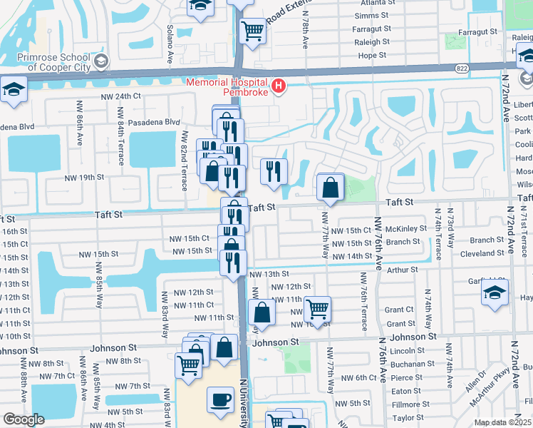 map of restaurants, bars, coffee shops, grocery stores, and more near 7910 Taft Street in Pembroke Pines