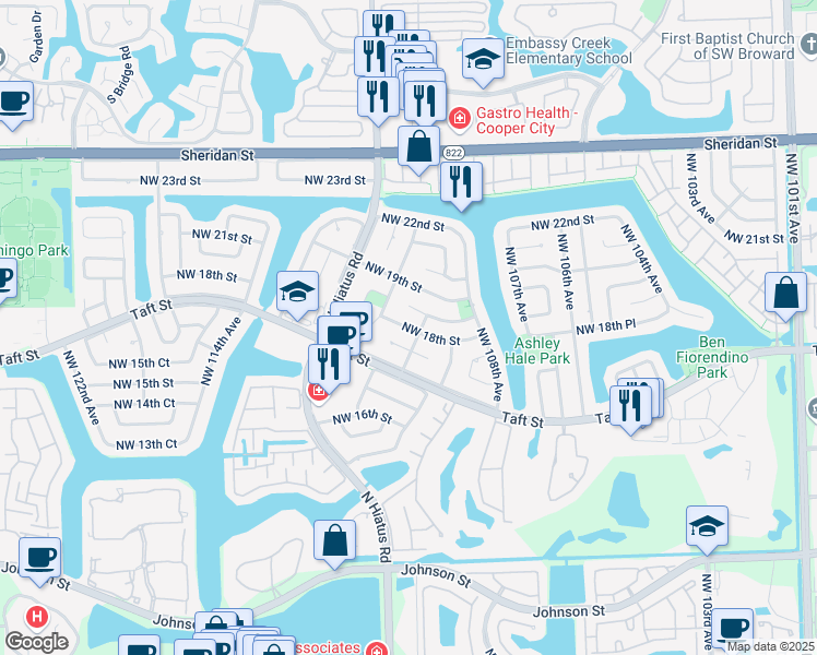 map of restaurants, bars, coffee shops, grocery stores, and more near 10941 Northwest 18th Street in Pembroke Pines