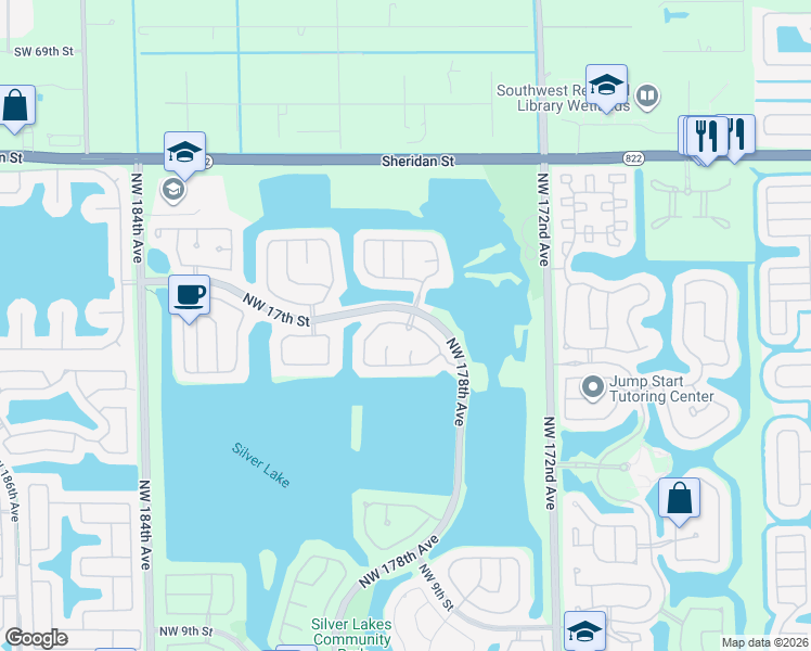 map of restaurants, bars, coffee shops, grocery stores, and more near 17815 Northwest 16th Street in Pembroke Pines