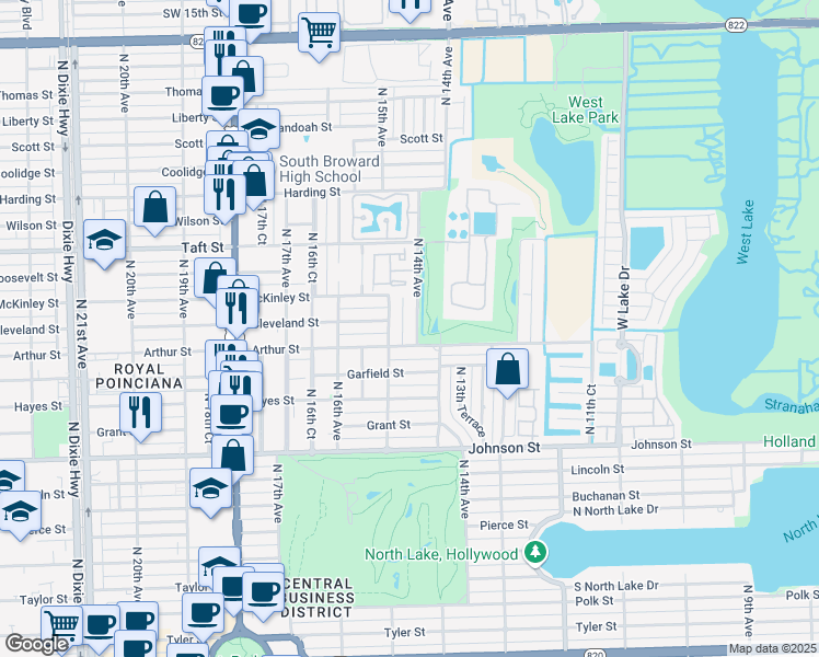 map of restaurants, bars, coffee shops, grocery stores, and more near 1425 Arthur Street in Hollywood