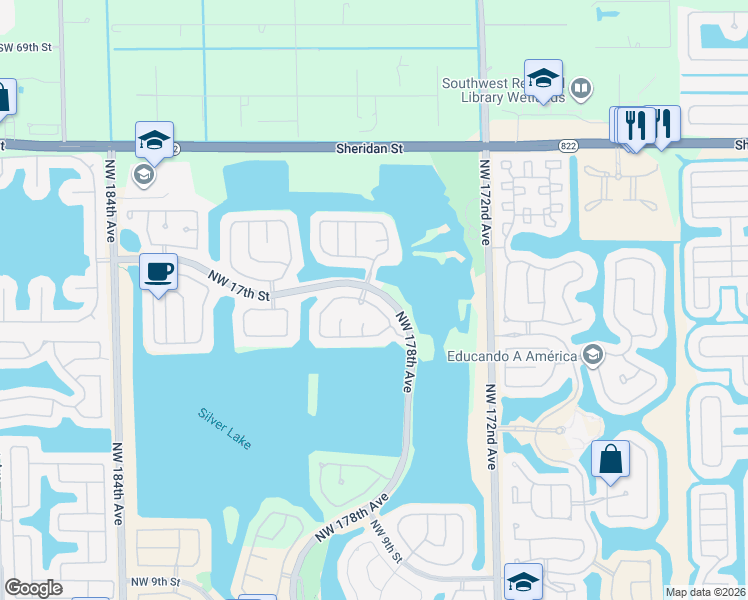 map of restaurants, bars, coffee shops, grocery stores, and more near 17815 Northwest 16th Street in Pembroke Pines