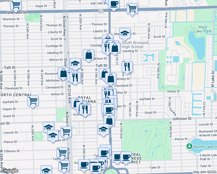 map of restaurants, bars, coffee shops, grocery stores, and more near 1804 Cleveland Street in Hollywood