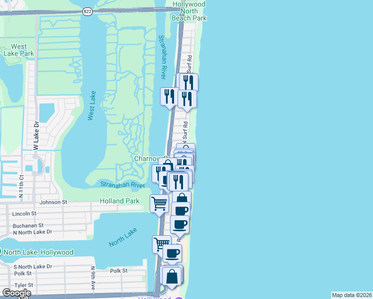 map of restaurants, bars, coffee shops, grocery stores, and more near 1815 North Surf Road in Hollywood